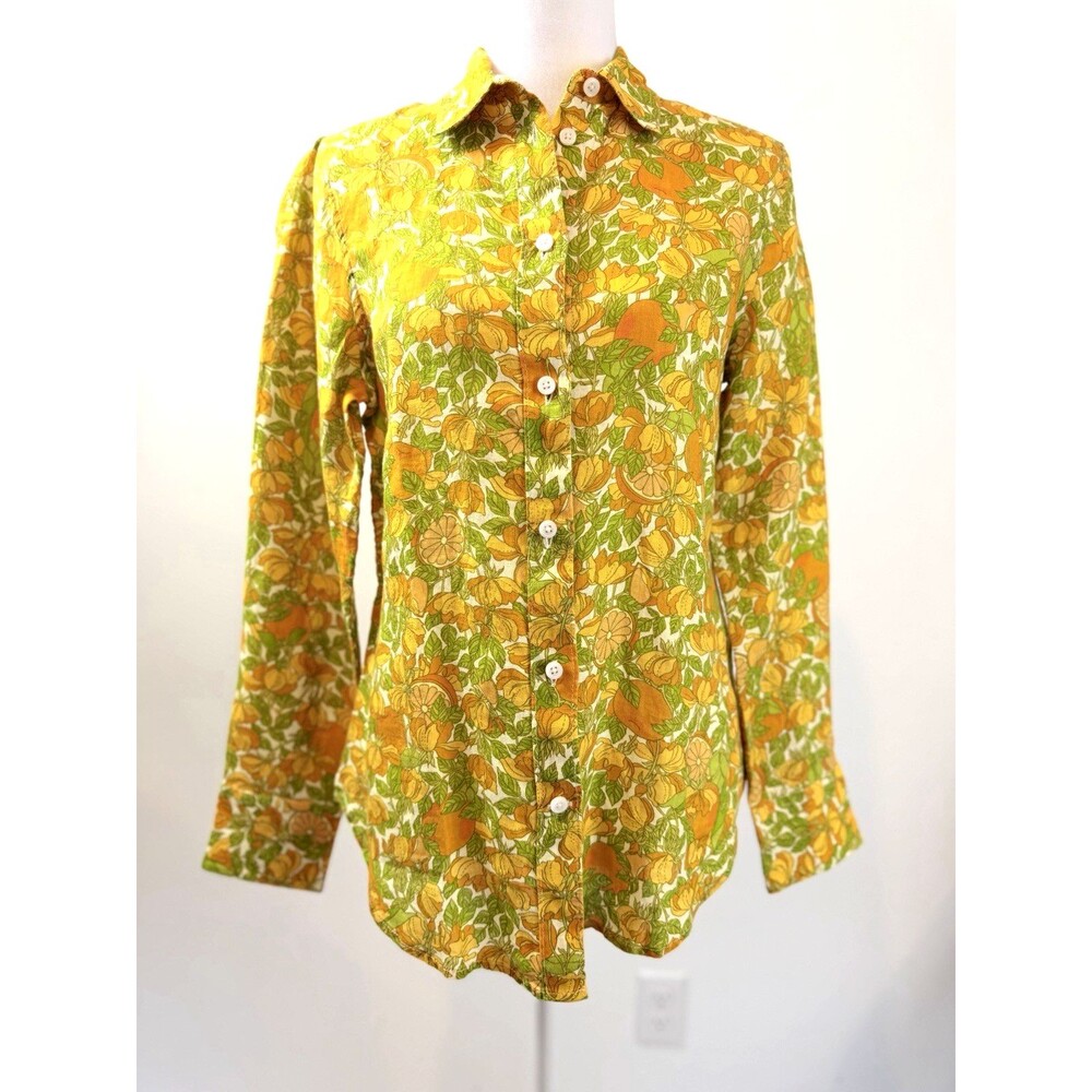 J Crew Slim Linen Button Front Shirt Womens 0 Citrus Floral Long Sleeve